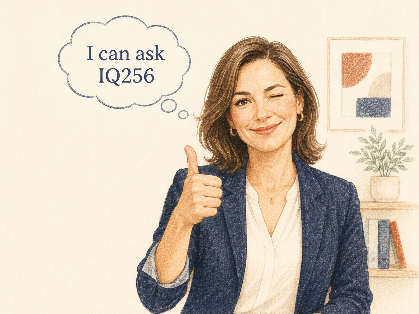 A confident businesswoman gives a thumbs-up and considers asking IQ256.