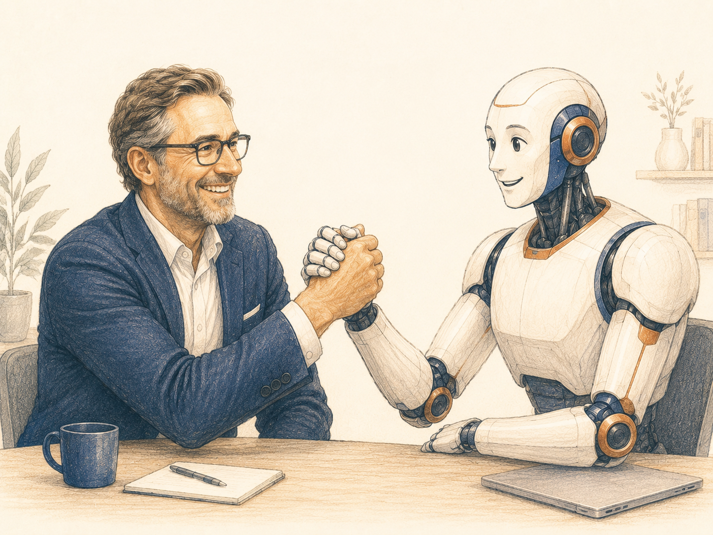 A bearded business expert and a smiling robot touching hands across a table, in friendly cooperation.