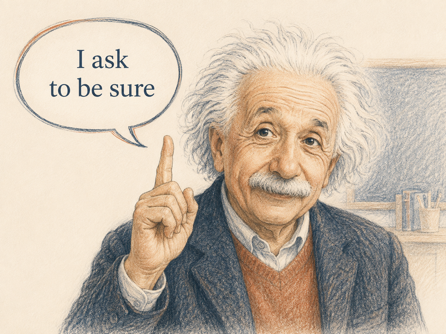 Albert Einstein raises one finger while checking a question.