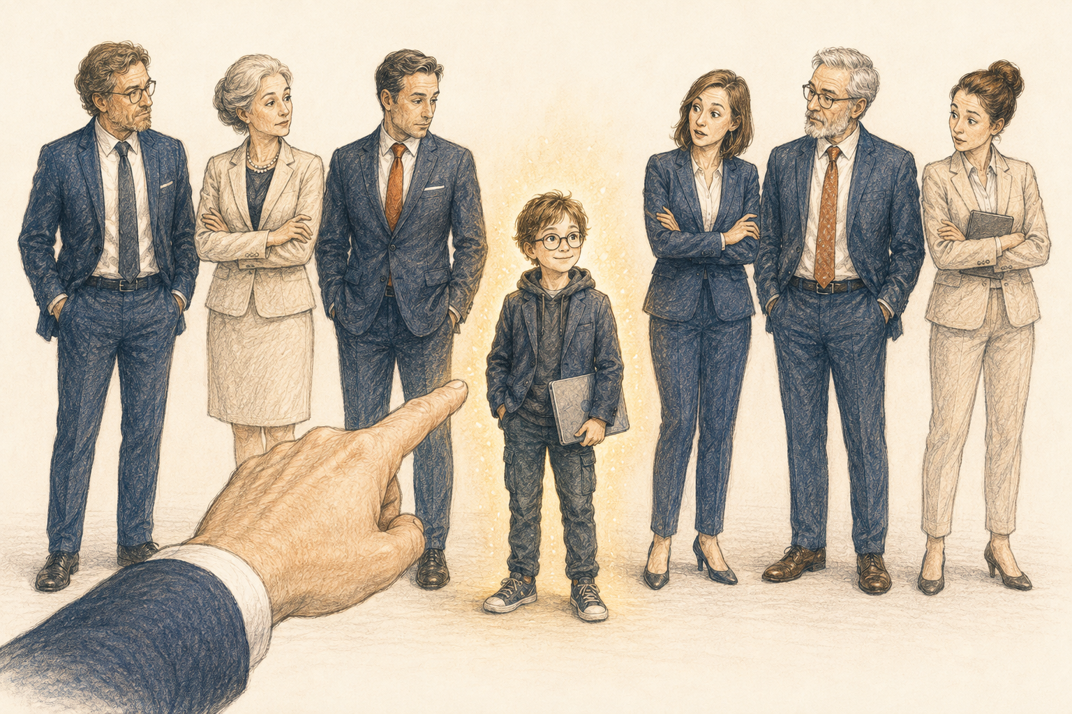 A row of accomplished professionals looking surprised as a large foreground hand selects a glowing child prodigy holding a laptop.
