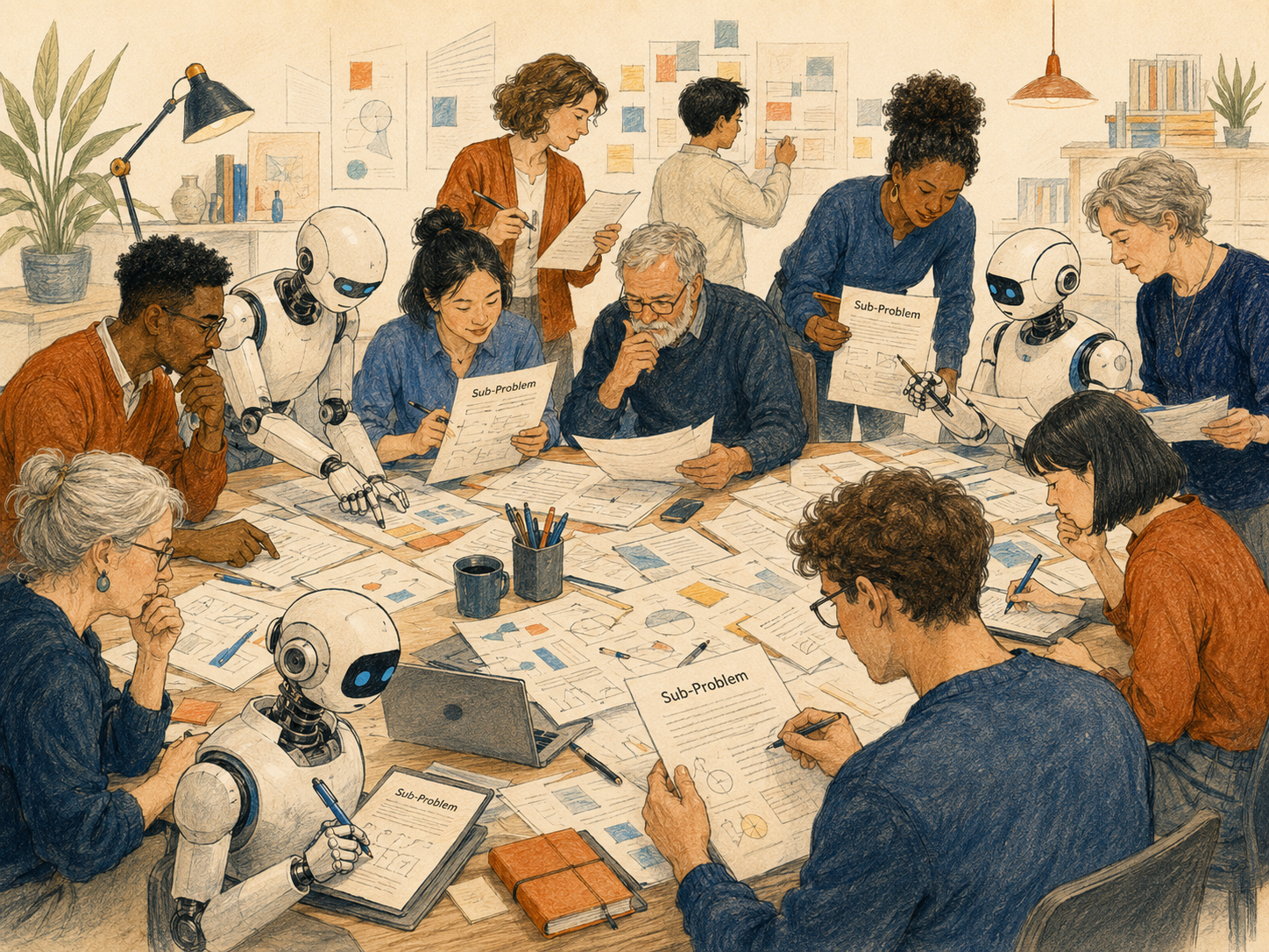 Human specialists and AI systems work on focused parts of a larger question.