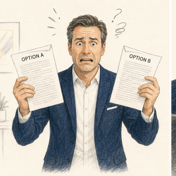 A worried leader compares documents labelled Option A and Option B.